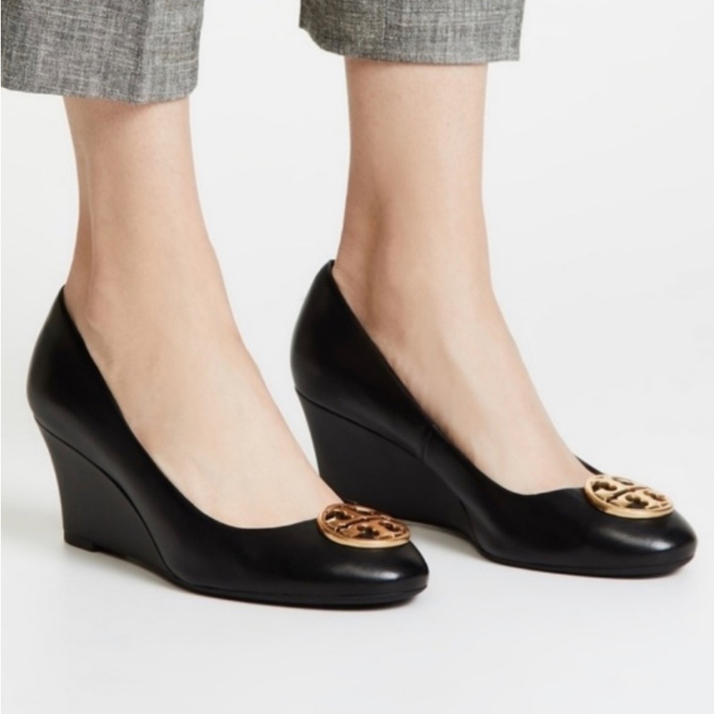 Tory Burch Black Leather Wedge Pumps with Gold Logo